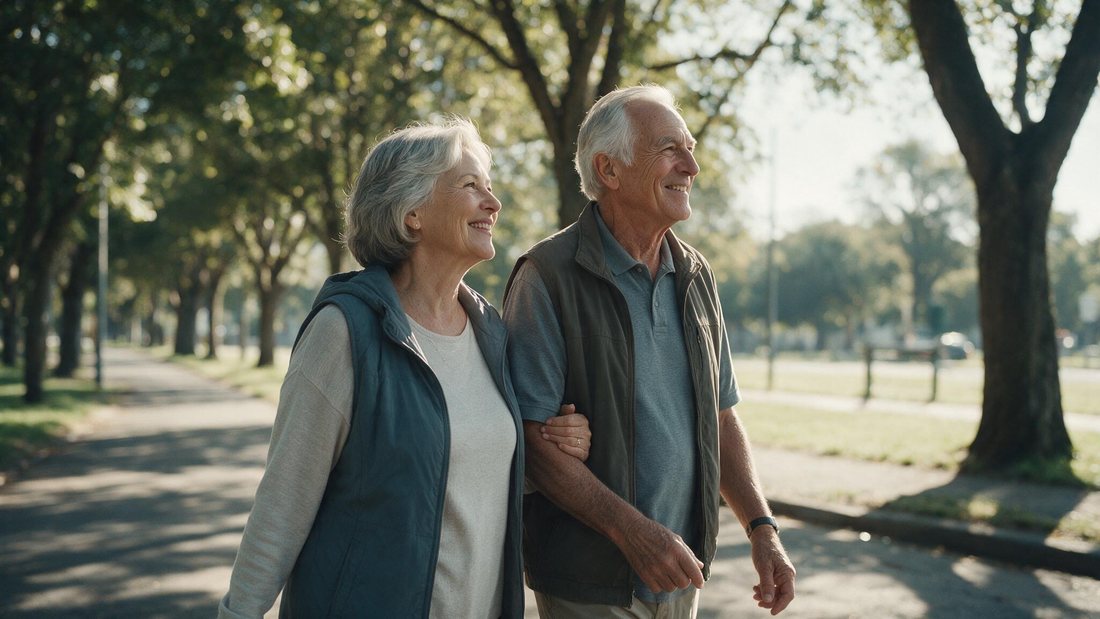 A retired couple walking together on a quiet morning