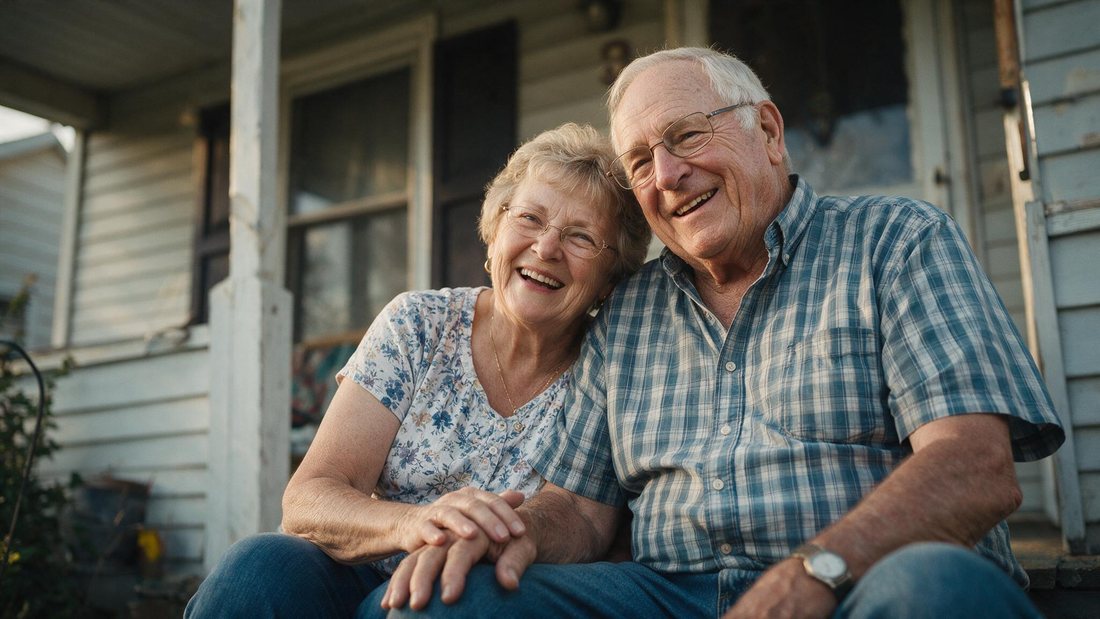An older couple sitting together on the porch of their home