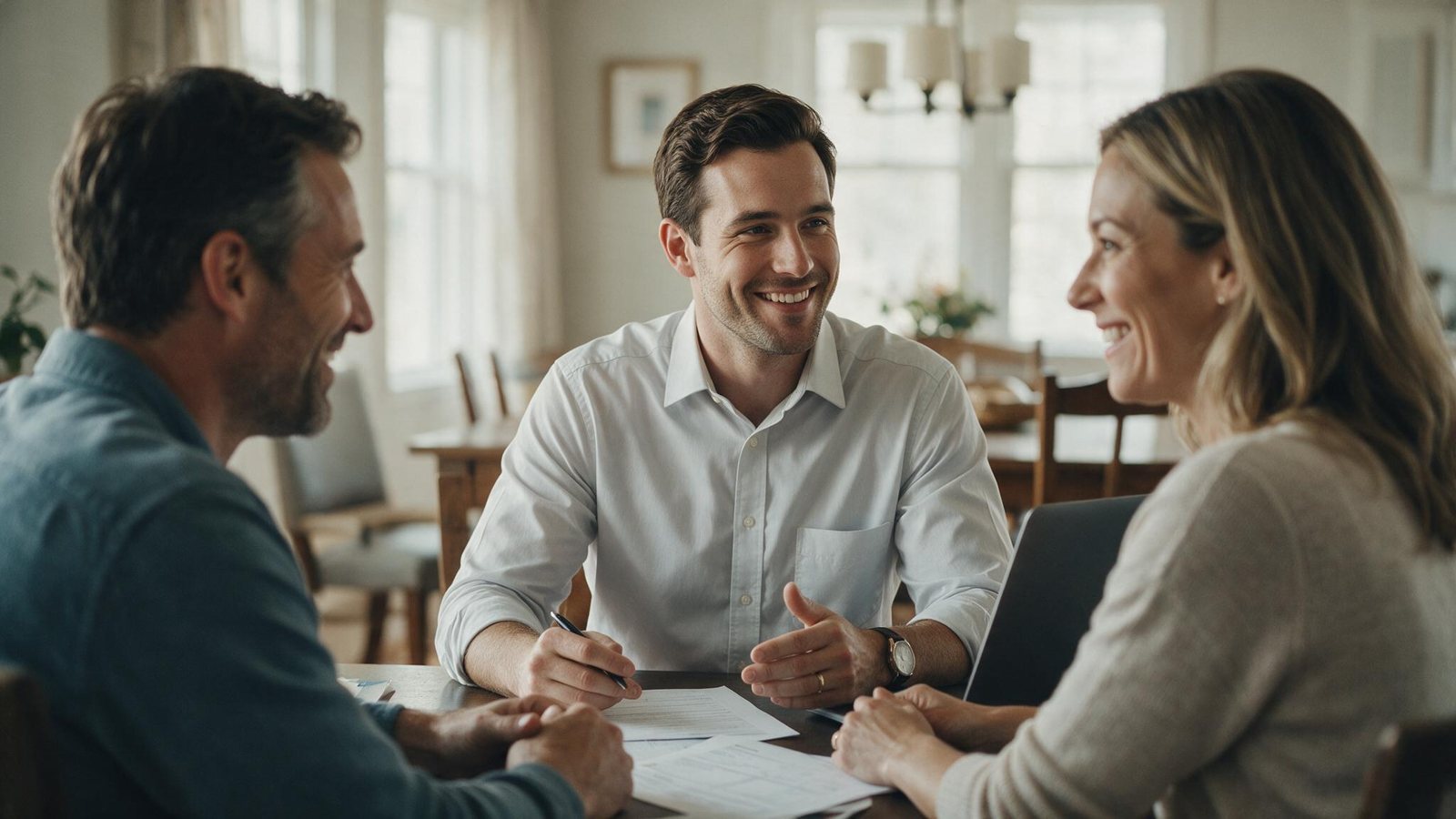 A licensed agent sitting at a kitchen table going over coverage with a couple