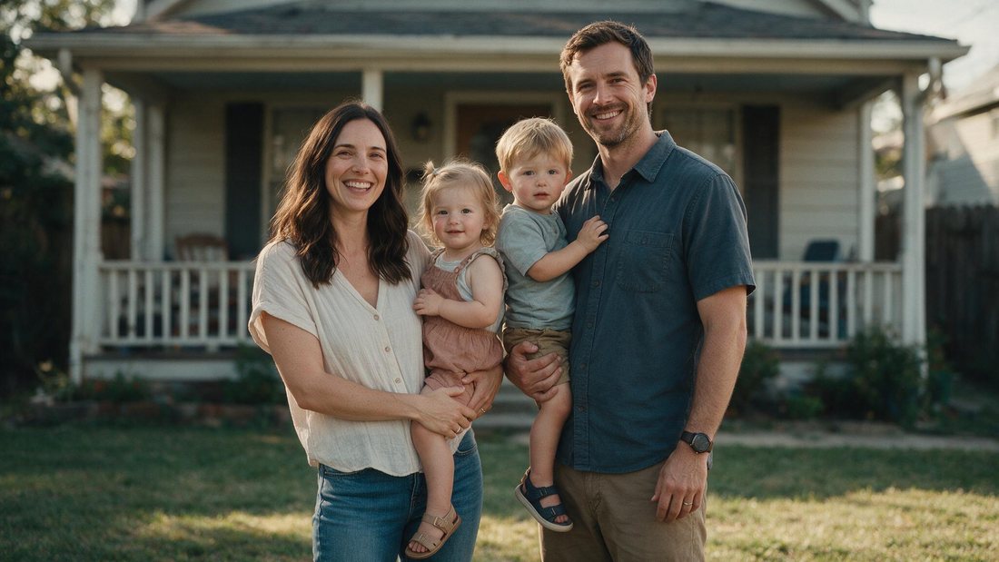A young family standing in front of their house