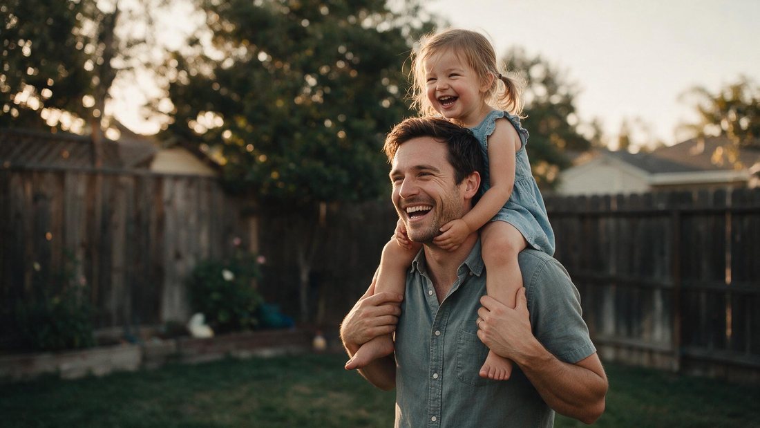 A father carrying his young daughter on his shoulders in the backyard